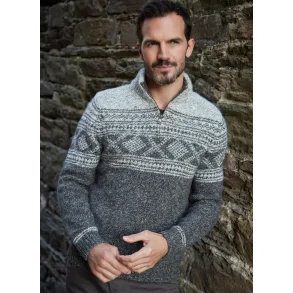 Fisherman mnstret herrestrik med half-zip i hals